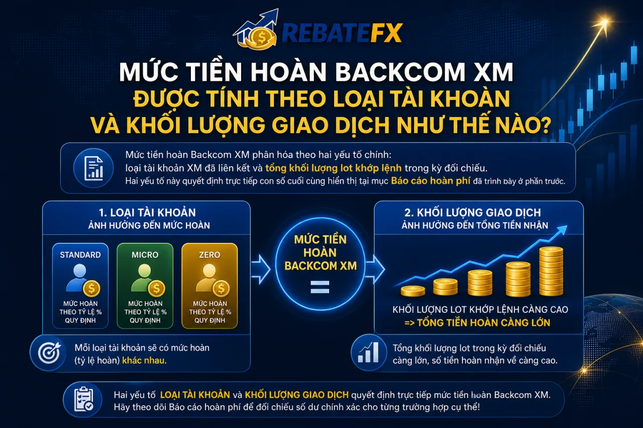 Mức tiền hoàn Backcom XM được tính theo loại tài khoản và khối lượng giao dịch