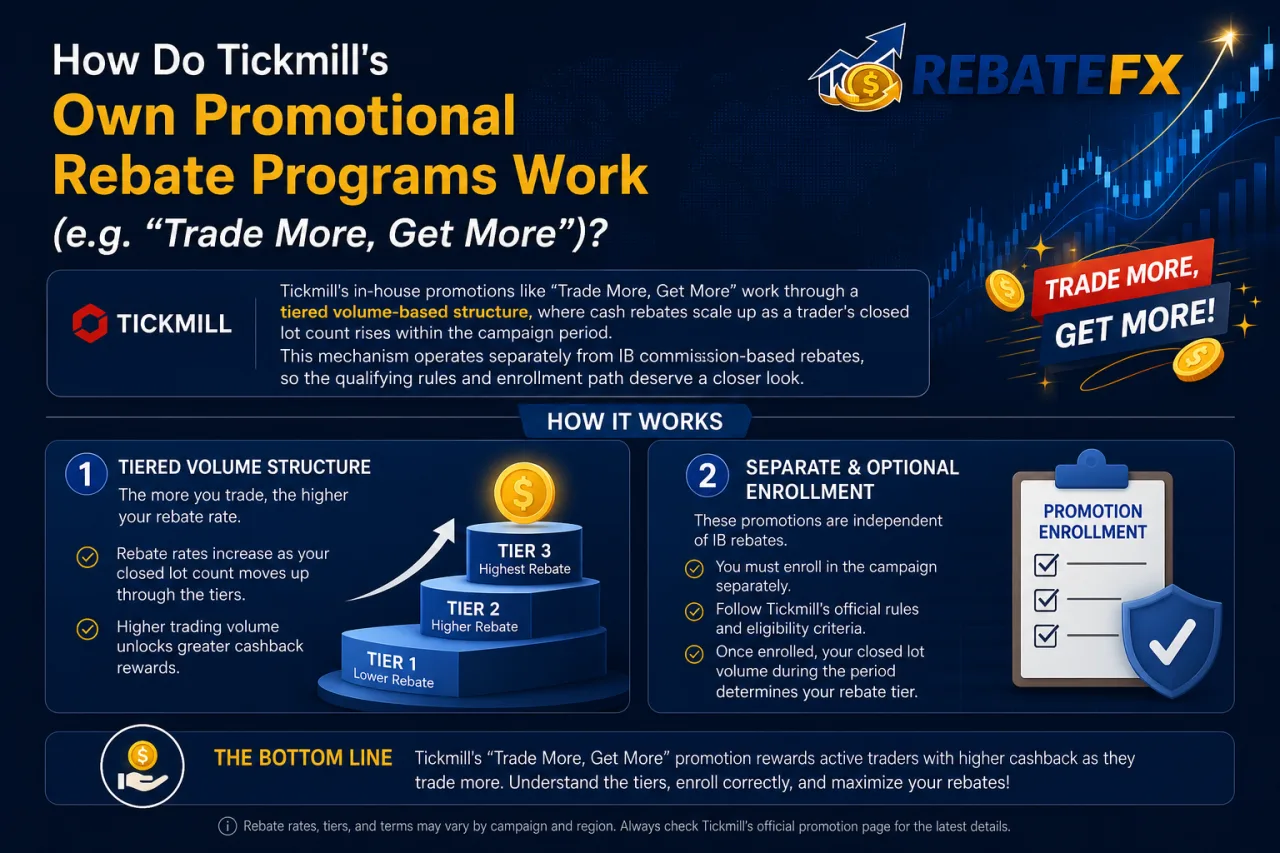 How Do Tickmill's Own Promotional Rebate Programs Work (e.g. 'Trade More, Get More') How Do Tickmill's Own Promotional Rebate Programs Work (e.g. 'Trade More, Get More')
