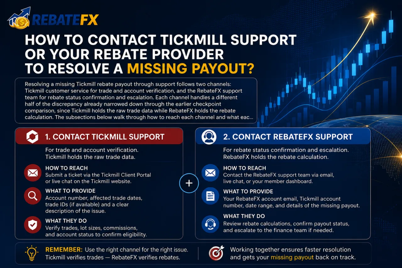 How to Contact Tickmill Support or Your Rebate Provider to Resolve a Missing Payout How to Contact Tickmill Support or Your Rebate Provider to Resolve a Missing Payout